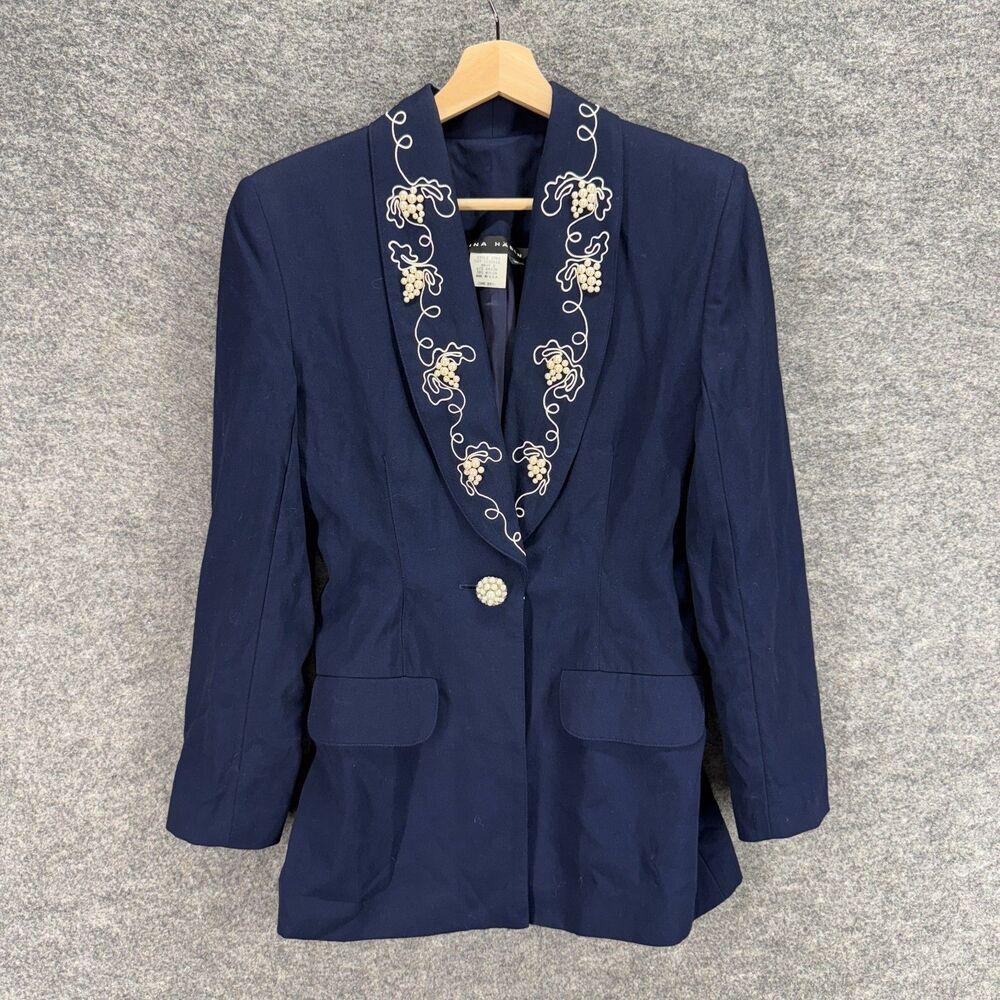 Tina Hagen Blazer Women S Small Blue Geometric One Button Collared Long Sleeve